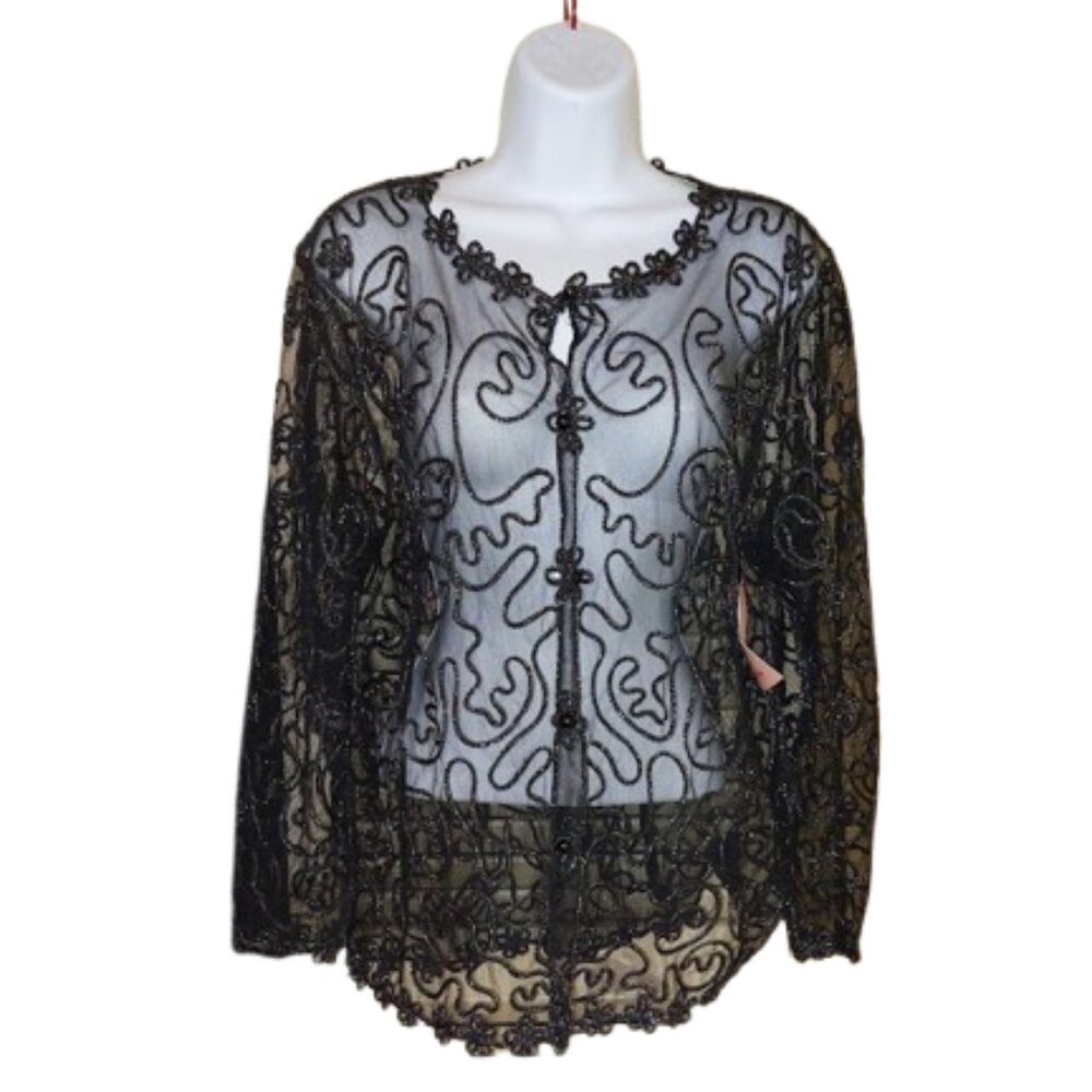 Sheer Black Embellished Blouse Cardigan Fits Medium Large